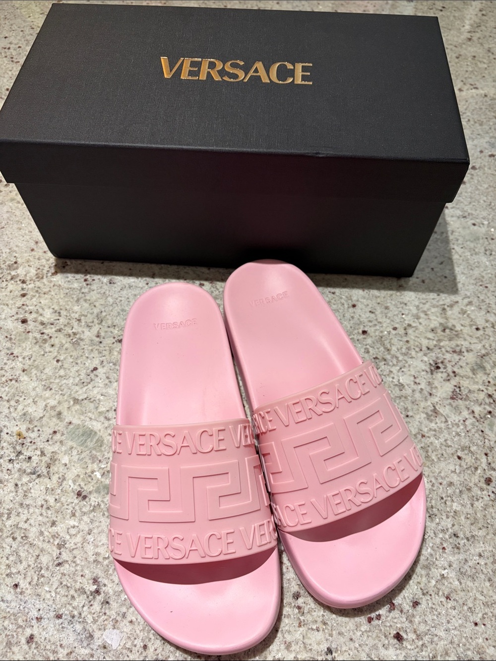 Versace Pink Embossed Greek Key Slide Sandals